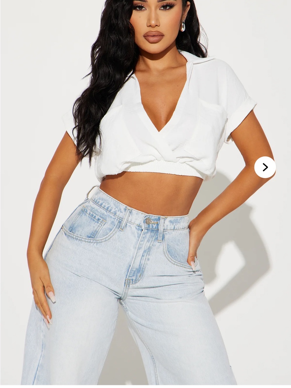 Double Zero White Cropped V-Neck Collared Short Sleeve Top